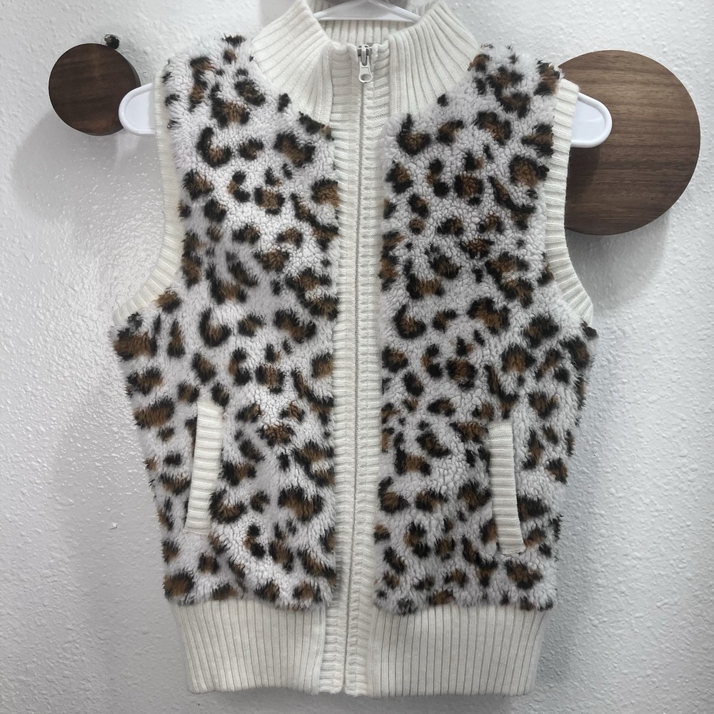 VTG Y2K Leopard Print Faux Fur Vest Women's Cream Knit Trim Street Style BONGO